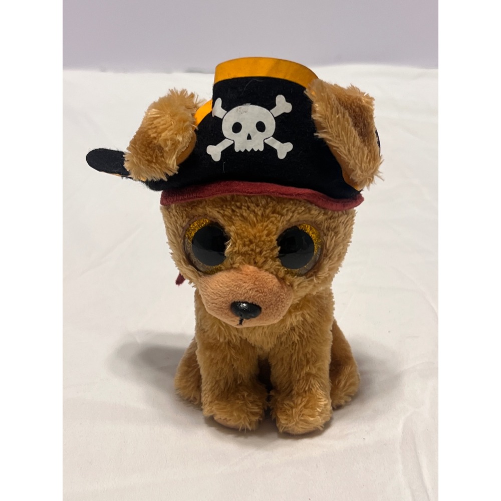 Ty Beanie Boos Rowan the Pirate Dog Plush 6 Inch Tan Gold Glitter Eyes Skull Hat